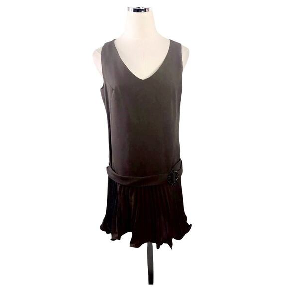 Vtg 70s Dress Brown Drop Waist Pleated Skirt Belted Retro Flapper Go Go - Picture 6 of 9